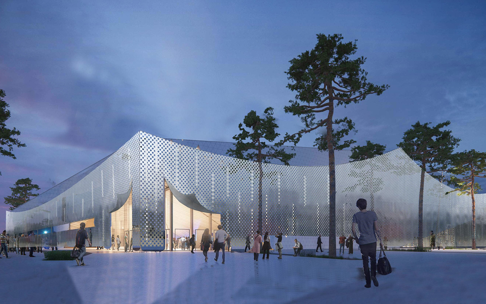 Mälarhöjdens ishall får en skalfadad med perforerad plåt, illustation.